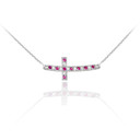 14K White Gold Sideways Red & Clear CZ Curved Cross Necklace (0.35")