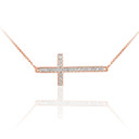 14K Rose Gold Sideways Diamond Cross Pendant Necklace