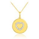 Heart disc pendant necklace with diamonds in 14k gold.