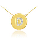 Letter "D" disc necklace with diamonds in 14k yellow gold.