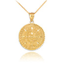 Gold Ancient Aztec Mayan Sun Calendar Diamond Cut Pendant Necklace S/M/L (Available in Yellow/Rose/White Gold)