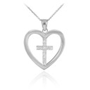 Sterling Silver Open Heart CZ Cross Pendant Necklace