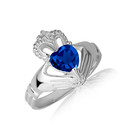 .925 Sterling Silver Woman's Elegant Claddagh Sapphire Birthstone Heart Shape Ring