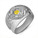 .925 Sterling Silver Citrine Birthstone CZ Celtic Cross Men's Ring