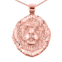Diamond Cut Lion Head Pendant Necklace in Rose Gold