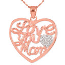 14K Rose Gold "Love You Mom" Diamond Heart Mother's Pendant Necklace