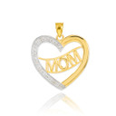 14K Two-Tone Gold Diamond Half Studded "Mom" Heart Pendant Necklace