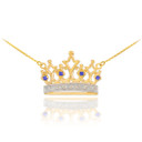 14k Yellow Gold Sapphire Royal Crown Necklace with Diamonds