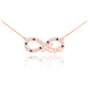 14k Rose Gold Infinity "Love" Script Necklace with Black and Clear Diamonds