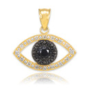 Gold Evil Eye Pendant  Necklace with Clear and Black Diamonds