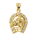 Yellow Gold CZ Horseshoe with Horse Head Charm Pendant Necklace