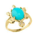 Gold Ladies Diamond and Turquoise Gemstone Turtle Ring