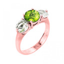 Rose Gold Three Stone Peridot and White Topaz Gemstone Engagement Ring