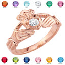 Rose Gold Cubic Zirconia Claddagh Birthstone Ring