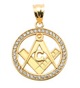 Yellow Gold Diamond Studded Freemason Square & Compass Round Pendant