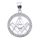 White Gold Diamond Studded Freemason Square & Compass Round Pendant