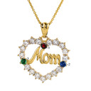 Yellow Gold "MOM" Open Heart Pendant Necklace with Three CZ Birthstones