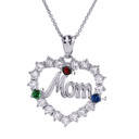 Sterling Silver "MOM" Open Heart Pendant Necklace with Three CZ Birthstones