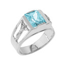 Sterling Silver Crucifix Cross Aquamarine Gemstone Men's Ring