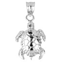 Solid White Gold Detailed Shell Turtle Charm Pendant Necklace