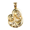 Gold Madonna and Child Mother's Embrace Pendant Necklace