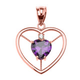 Elegant Rose Gold CZ and February Birthstone CZ Solitaire Heart Pendant Necklace
