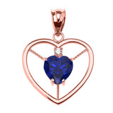 Elegant Rose Gold CZ and September Birthstone Blue CZ Heart Solitaire Pendant Necklace