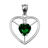 Elegant White Gold CZ and May Birthstone Green CZ Heart Solitaire Pendant Necklace