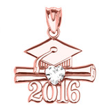 Rose Gold Heart April Birthstone White CZ Class of 2016 Graduation Pendant Necklace