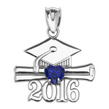 White Gold Heart September Birthstone Blue CZ Class of 2016 Graduation Pendant Necklace
