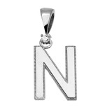 White Gold Diamond Solitaire Letter "N" Initial High Polish Milgrain Pendant Necklace