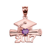 Rose Gold Heart February Birthstone Amethyst CZ Class of 2017 Graduation Pendant Necklace