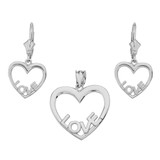 14K White Gold Love Heart Necklace Earring Set