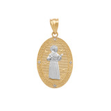 Two Tone Yellow Gold Saint Francis of Assisi Oval Medallion Diamond Pendant Necklace (Small)