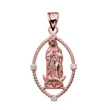 The Blessed Virgin Mary CZ Rose Gold Open Rope Design Pendant Necklace