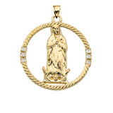 The Blessed Virgin Mary Diamond Yellow Gold Round Design Pendant Necklace