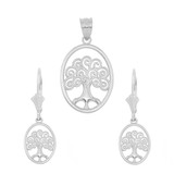 14K White Gold Tree of Life Filigree Swirl Celtic Pendant Necklace Earring Set