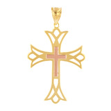 Two Tone Solid Yellow & Rose Gold Layered Cutout Cross Pendant Necklace  (1.82")