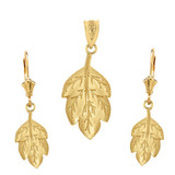 14K Solid Yellow Gold Matte Detailed Textured Leaf Pendant Earring Set