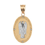Two Tone Solid Yellow Gold Archangel Saint Gabriel Diamond Oval Medallion Pendant Necklace 1.19" (  30 mm)