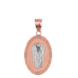 Two Tone Solid Rose Gold Archangel Saint Gabriel Diamond Oval Medallion Pendant Necklace  1.02" (25 mm)