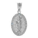 Solid White Gold Saint Patrick Diamond Oval Medallion Pendant Necklace 1.19" (30 mm)