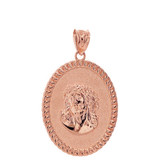 Solid Rose Gold Jesus Christ the Lord Cuban Curb Link Frame Oval Medallion Pendant Necklace 1.27" ( 32 mm)