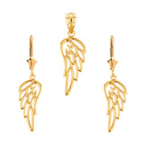 14K Solid Yellow Gold Filigree Guardian Angel Wing Pendant Earring Set