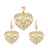 14k Solid Yellow Gold Filigree Heart Necklace Earring Set