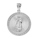 Solid White Gold Our Lady of Guadalupe Engravable Circle Medallion Diamond Pendant Necklace (Large)