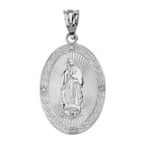 Sterling Silver Our Lady of Guadalupe Engravable Oval  Medallion CZ Pendant Necklace (Large)