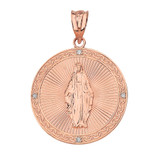 Solid Rose Gold Mary Mother of Jesus Circle Medallion Diamond Pendant Necklace (Large)