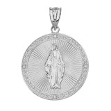 Solid White Gold Mary Mother of Jesus Circle Medallion Diamond Pendant Necklace (Large)