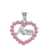 Sterling Silver "Mom" Pink (LCP) in Open Heart Pendant Necklace